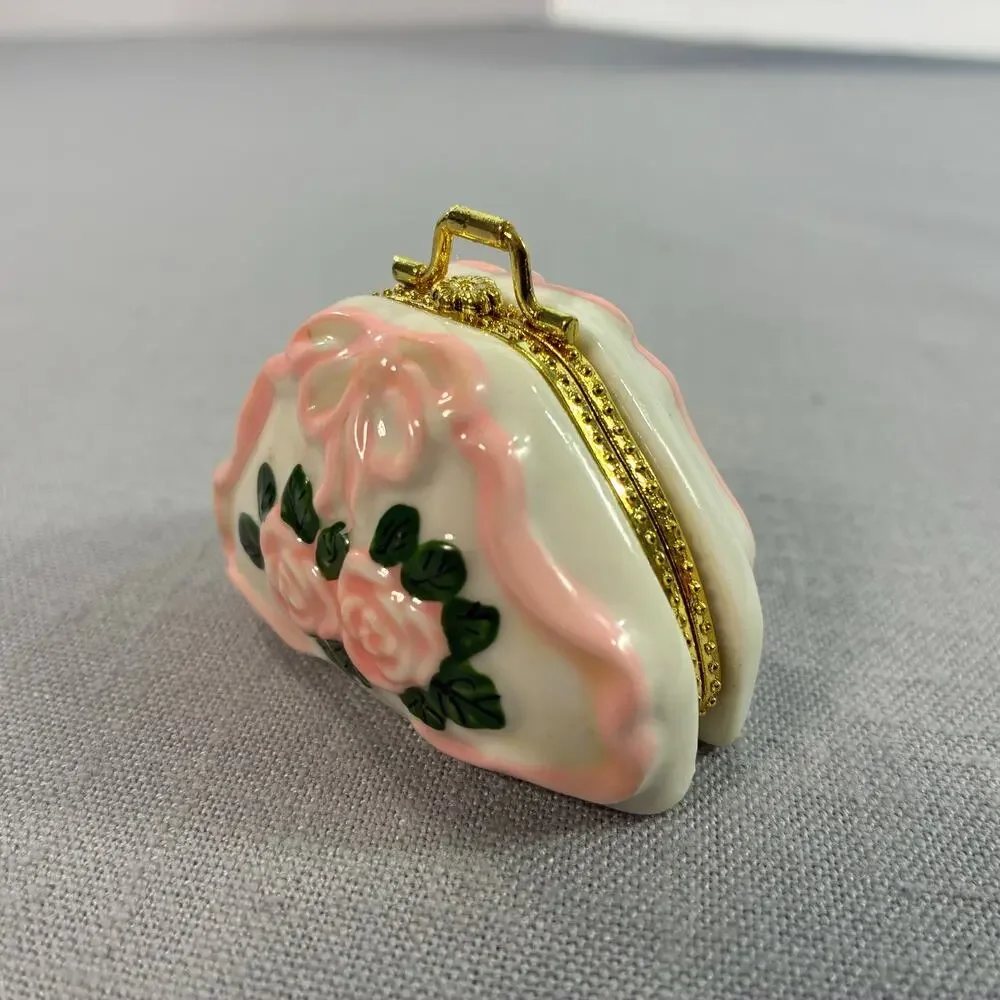 Vintage Porcelain Purse Trinket Box Pink Roses Bow Gold Tone Hinged Miniature